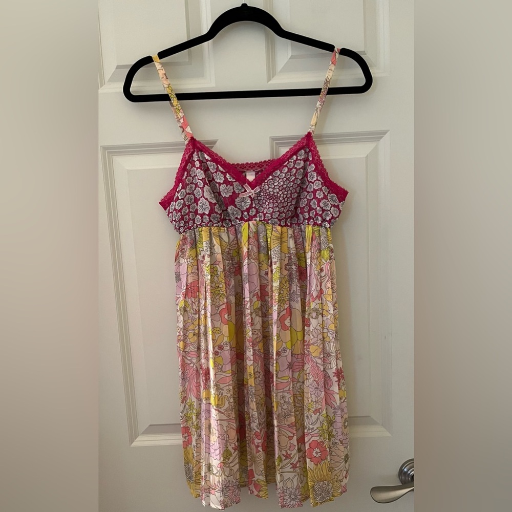 Vtg Babydoll Y2K V Neck Floral Mini Slip Dress lingerie adjustable straps Sz M